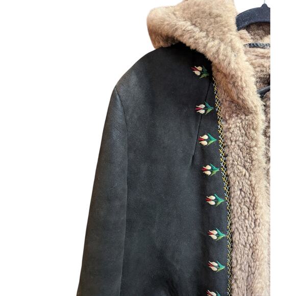 Vintage Shearling Hooded Coat Embroidered Tulips 70s Boho Suede Sherpa Jacket L - Picture 5 of 5
